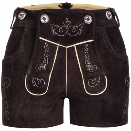 Damen Trachten Lederhose Shorts dunkelbraun neue kurze Länge mit Stickerei in beige + Träger